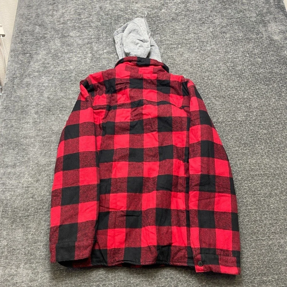 Levi's Shirt Jacket Mens S Red Black Flannel Plaid Sherpa Lined Shacket Hooded